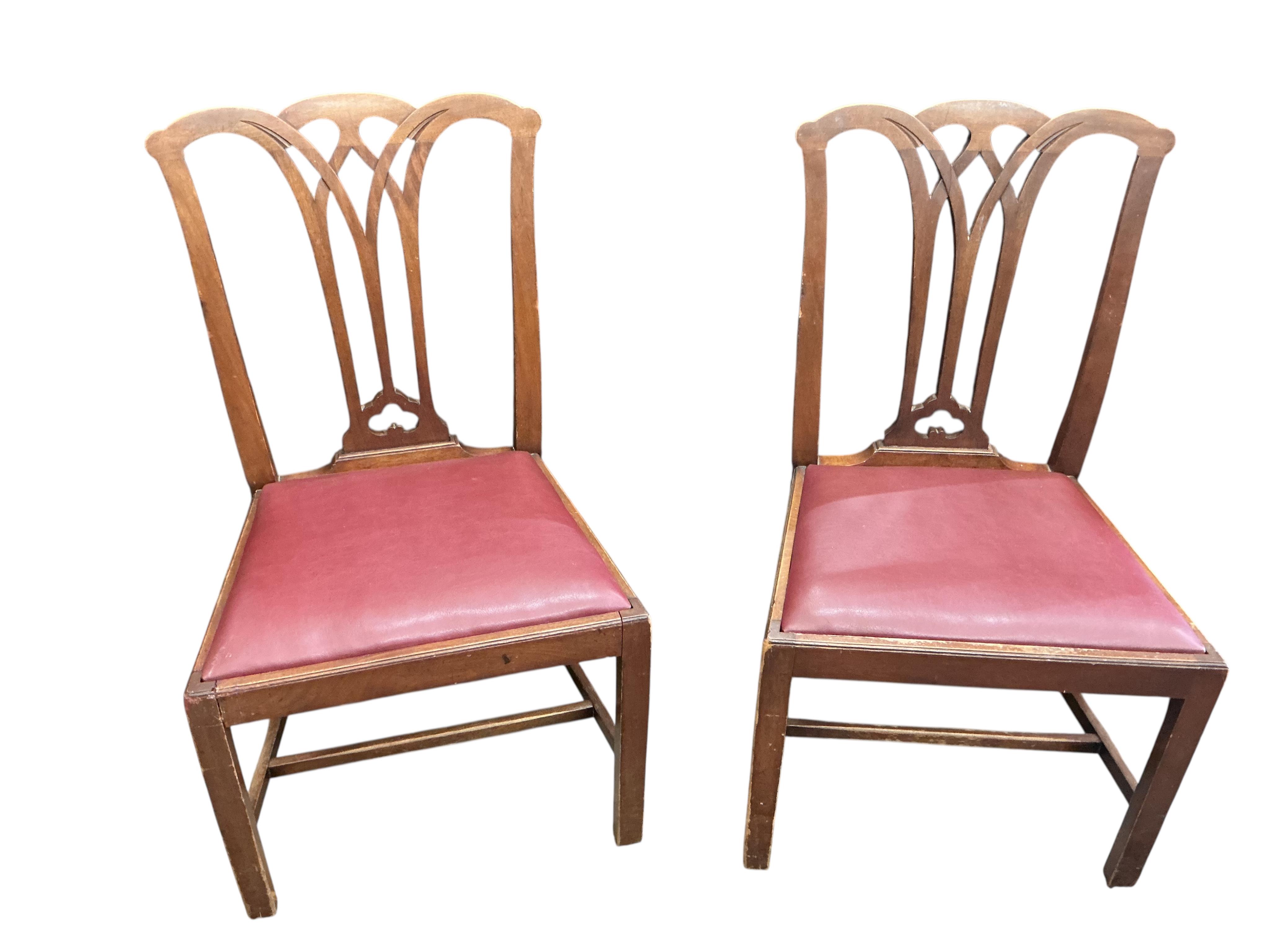 A set of five George III style mahogany dining chairs, one with arms, drop in seats recently re covered. (Bought from the Christie’s Malmesbury House auction, February 2007).